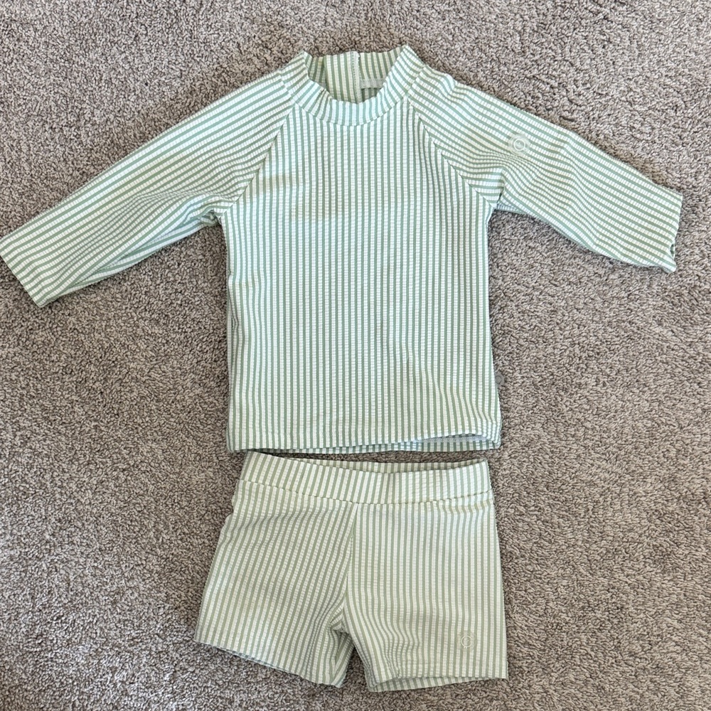 Baby Mori Boys Mint & White Striped Rash Guard Set
